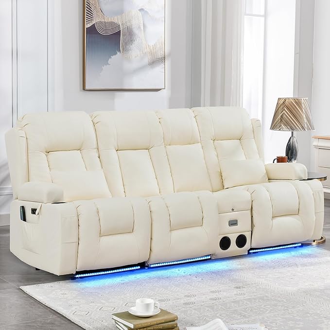 IPKIG Power Recliner Sofa with Flip-Up Backrest Console, USB & USB-C Ports, AC Outlet, LED Lights, Wall Hugger Recliners for Living Room, RV (Off Withe, 89" - 4 Seat) | Faux Leather, Zero Gravity, Dual Reclining, 2 Lumabr Pillow, Bluetooth Speakers