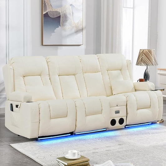 IPKIG Power Recliner Sofa with Flip-Up Backrest Console, USB & USB-C Ports, AC Outlet, LED Lights, Wall Hugger Recliners for Living Room, RV (Off Withe, 89" - 4 Seat) | Faux Leather, Zero Gravity, Dual Reclining, 2 Lumabr Pillow, Bluetooth Speakers