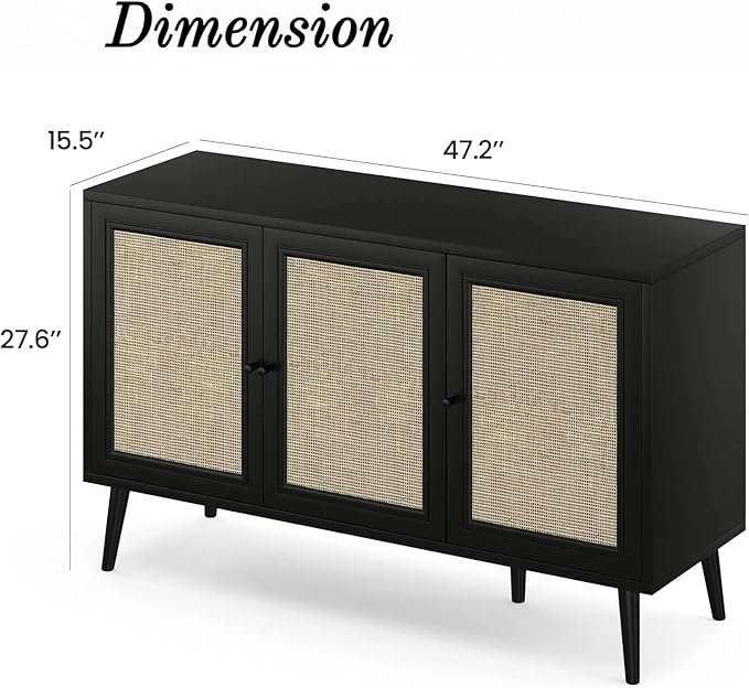 FONTOI Rattan Entryway Table, Entertainment Center with Adjustable Shelf, Sideboard Buffet Cabinet with 3 Rattan Doors, Modern Console Cabinet with Large Storage for Living Room, Kitchen, Black