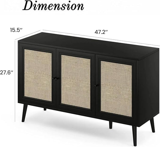 FONTOI Rattan Entryway Table, Entertainment Center with Adjustable Shelf, Sideboard Buffet Cabinet with 3 Rattan Doors, Modern Console Cabinet with Large Storage for Living Room, Kitchen, Black