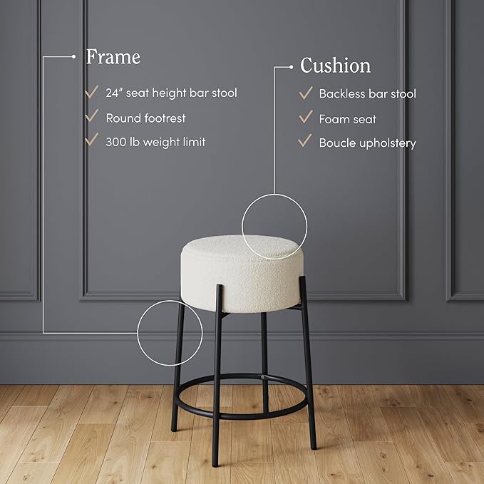 Nathan James Isaac 24" Modern Backless Bar Stool with Round Soft Padded Boucle Seat and Metal Mid-Century Base, Boucle White/Black