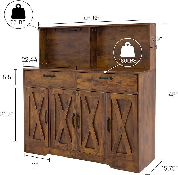 Sideboard Buffet Cabinet with Storage, 47'' Farmhouse Coffee Bar Cabinet, Kitchen Pantry Storage Cabinet with Doors and Shelves for Dining Room, Living Room, Kitchen, Brown