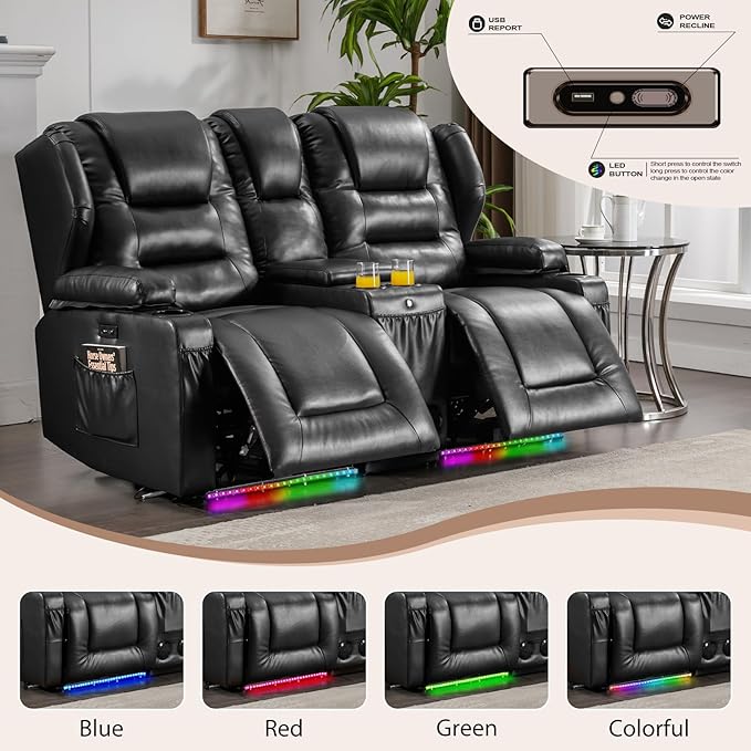 Oprisen Loveseat Power Recliner Sofa Couch Electric Reclining Sofa Chair for Living Room with Multi-Function Console/Cup Holders/LED Ambient Light