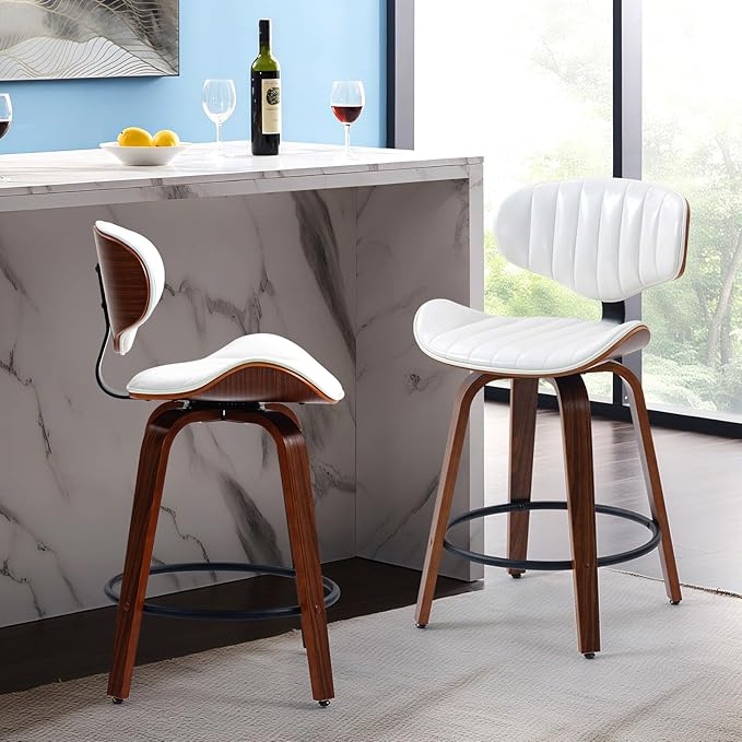 Counter Height Bar Stools Set of 2, 24 inch PU Leather Wooden Bentwood Barstools Swivel Modern Breakfast Bar Chairs with Backrest and Footrest for Kitchen Island, Dining Room D035-White-2