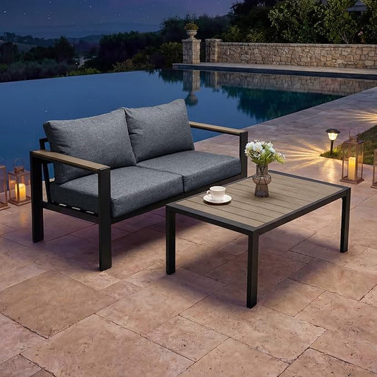 Outdoor Patio Furniture Set Loveseat and Coffee Table with Washable Thick Cushions, All-Weather Luxury Aluminum Large Sectional Sofa for Porch, Balcony, Deck, Yard, Gray