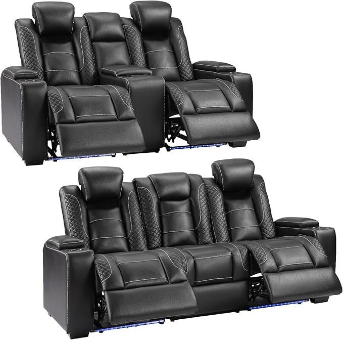 ANJ Modular Power Recliner Set: 5-Seat Home Theater Seating,3 Seat Recline Sofa and Loveseat (Center Console & Fixed Middle), LED Lights, USB Charging, Faux Leather for Living Room (Black)