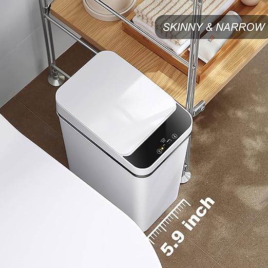 Yatmung 2 Pack - 2.5 Gallon Smart Trash Can Sensor Motion Slim Touchless Bathroom Trash Can - Skinny Trash Bin with Lid - Electric, Narrow, Plastic, Auto Open - Small Automatic Garbage Can (White)