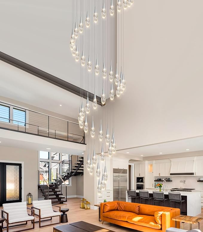 46-Lights 19 Feet Large Modern Chandelier LED Light Fixtures High Ceiling Long Light Chandelier for Entrance Foyer Dimmable Lights with Remote Living Room Ceiling Pendant Lighting Shine Silver