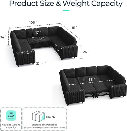 LINSY HOME Sectional Sleeper Sofa with Storage Chaise & USB Charging, Convertible Pull Out Couch Bed Plush Corduroy Modular Sectional Couches for Living Room Apartment (Black)
