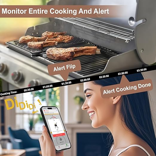 Dual Band WiFi 2.4G+5G Bluetooth Wireless Meat Thermometer, 7 Smart Temperature Sensors, Unlimited Range App Monitoring, 100% Wire-Free Probe for BBQ, Grill, Smoker, Oven & Rotisserie