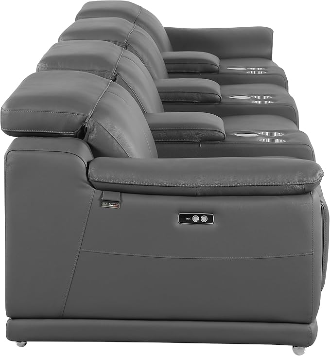 BlackJack Furniture Venice Top Grain Italian Leather Power Recline 7 Piece 4 Seater Sofa - 175" Theater Seating Modern Couch for Living Room Lounge with Adjustable Headrests & USB Port, Dark Grey