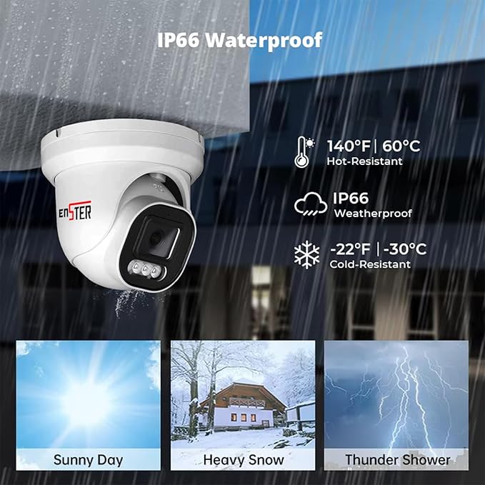 ENSTER 4K 8MP PoE Security Camera Outdoor Wired, 100ft Smart Color Night Vision, AI Human & Vehicle Detection, IP66 Waterproof, 110° Wide Angle, Built-in Mic, ONVIF/RSTP Compatible
