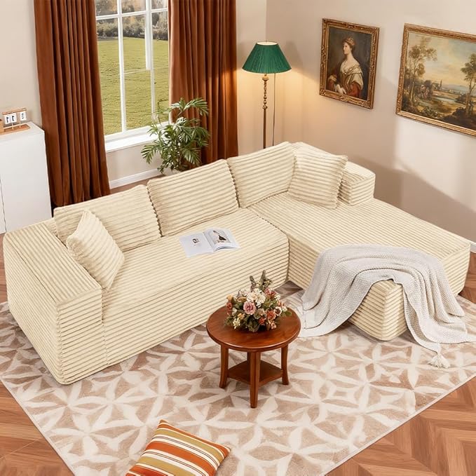 COMHOMA 105”Modular Sectional Sofa with Deep Seat,Cloud Upholstered L-Shape Couch Wide Arms Corduroy Fabric High-Density Foam Chaise Lounge for Living Room No Assembly Required