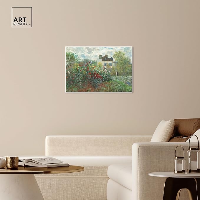 Art Remedy Monet-Garden With Dahlias Impressionism Classic Landscape Paintings Canvas Wall Art, White Floater Frame, 36"x54"