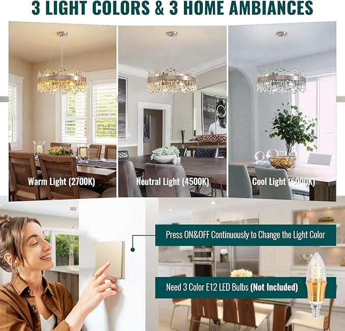 Siljoy 23.6 Inch Modern Crystal Chandelier, Luxury 2-Tiers K9 Crystal Raindrop Chandelier, Dimmable Crystal Pendant Ceiling Light for Dining Room Kitchen Island Entryway Foyer, E12 x 12