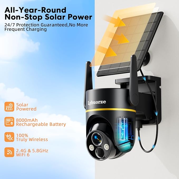 Lybuorz Outdoor Security Camera Wireless Solar Powered, 4MP HD Pan Tilt 360° View, IP65 Weatherproof, WiFi 6 Dual Band, AI Human Detection/Siren, 2-Way Audio, Color Night Vision, SD/Cloud Storage