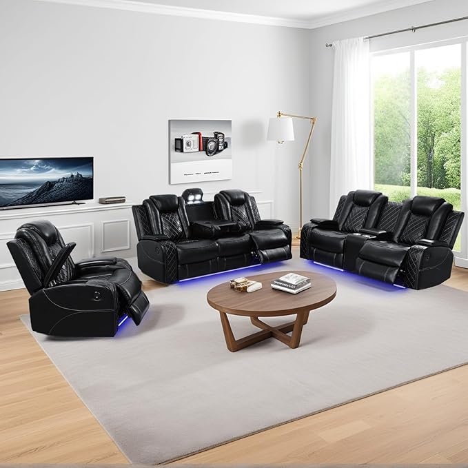 Power Recliner Sofa Set for Living Room, Leather Reclining Sofa Sets with Storage Console, Living Room Furniture Sets with LED Lights(Sofa, loveseat and Chair,Black)