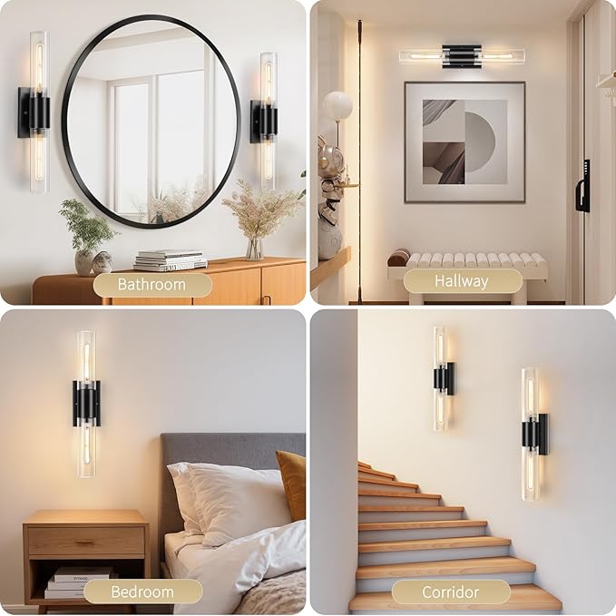 21" Matte Black Bathroom Light Fixtures Over Mirror,2-Light Bathroom Vanity Lights Above Mirror,Modern Hardwired Wall Sconce Lighting for Powder Room Restroom Hallway Kitchen E26 T10 Bulbs(Excluded)
