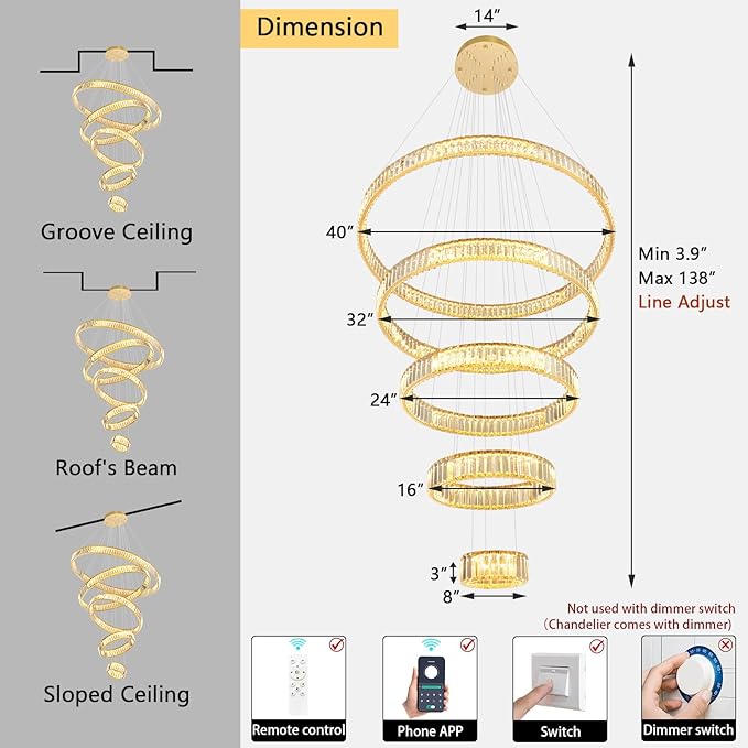 Large Ring Crystal Chandelier Modern Dimmable Chandelier High Ceiling Chandelier Round LED Ceiling Light Fixture for Foyer Long Stair Big Chandelier Gold 8''+16''+24''+32''+40''