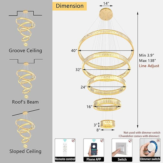 Large Ring Crystal Chandelier Modern Dimmable Chandelier High Ceiling Chandelier Round LED Ceiling Light Fixture for Foyer Long Stair Big Chandelier Gold 8''+16''+24''+32''+40''