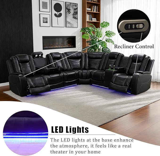 Power Recliner Sectional Sofa Set, Black Leather Sectional Couch and Loveseat for Living Room, L Shape Reclining Sofa with Cup Holder, Hidden Storage, Drop-Down Table for House(8 Seat)
