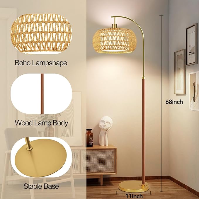 Wood Floor Lamps for Living Room,Boho Floor Lamp with Remote Control & 3 Color Temperatures,Dimmable Mid Century Modern Standing Lamp Vintage Tall Rattan Floor Lamp for Bedroom Corner