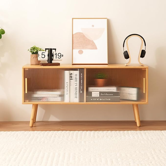 Bamboo TV Stand for TVs up to 50 Inches, Entertainment Center with 2 Sliding Acrylic Doors for Gaming Console, Modern Accent TV Console Cabinet for Living Room Bedroom (39.4)