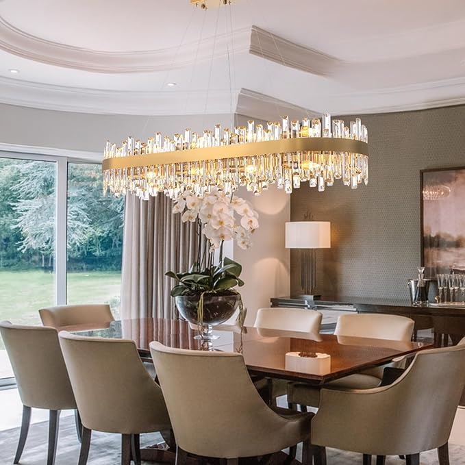 CROSSIO L52'' Modern Crystal Chandelier for Dining Room, 20-Light Gold Rectangular 2-Tiers K9 Crystal Raindrop Chandelier Flush Mount Pendant Ceiling Light for Dining Living Room Kitchen Island