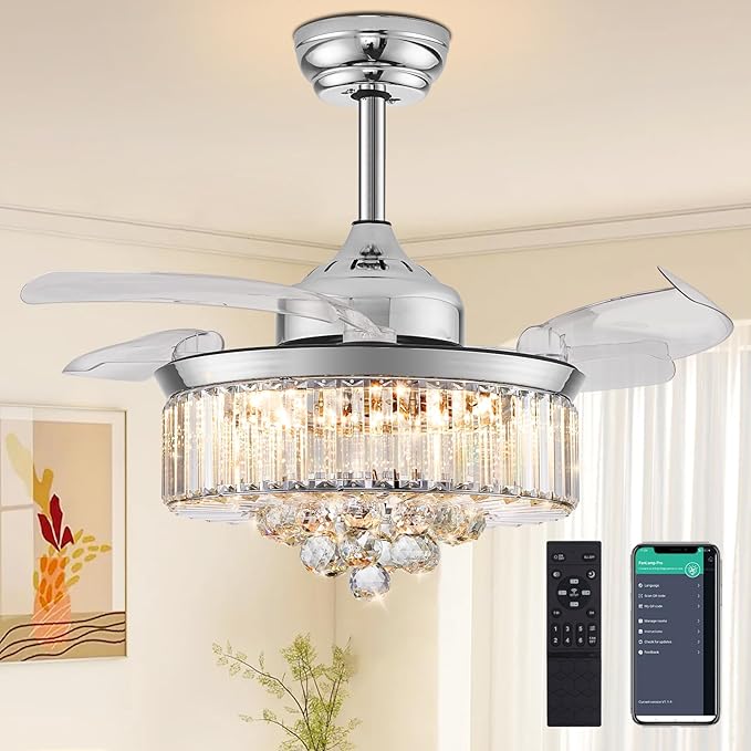 DuMaiWay 48" Dimmable Fandelier Crystal Ceiling Fan with Lights and Remote Modern Invisible Retractable Blades Chandelier Ceiling Fan Light Kit for Bedroom Living Room -Polished Chrome