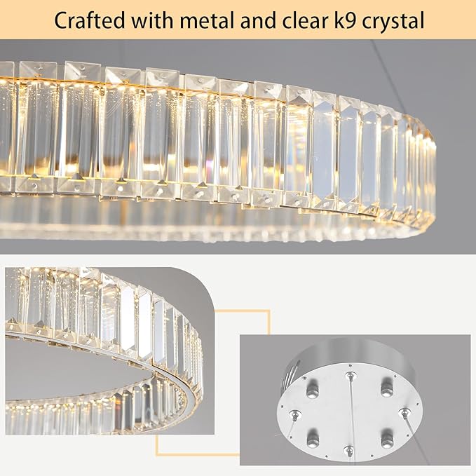 8'' Modern Ring Chandelier Crystal Chandeliers for Dining Room Round LED Dimmable Ceiling Light Fixture for Living Room Bedroom Lighting Silver