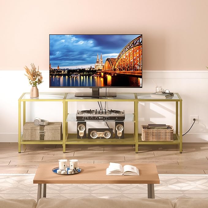 HOOBRO TV Stand with LED Lights and Power Outlets for TVs up to 75", Modern 70.9 Inch Tempered Glass TV Console Table with Open Shelves, Media Entertainment Center for Living Room, Gold GD185UDS01