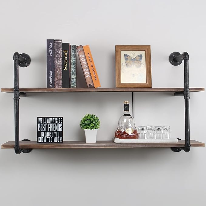 MBQQ Industrial Pipe Shelving Wall Mounted,48in Rustic Metal Floating Shelves,Steampunk Real Wood Book Shelves,Wall Shelf Unit Bookshelf Hanging Wall Shelves,Farmhouse Kitchen Bar Shelving(2 Tier)