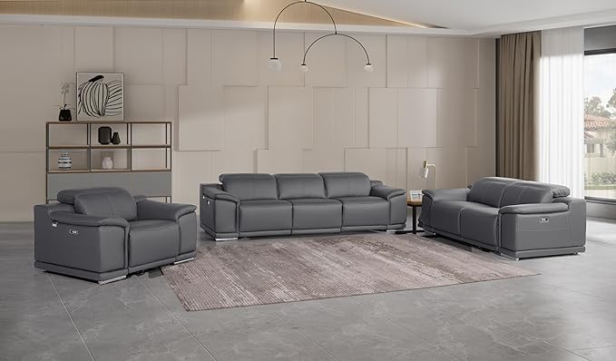 BlackJack Furniture Venice Top Grain Italian Leather 6 Power Recliner Seaters 3 Piece Sofa Set with Adjustable Headrests Modern Seating Sofa, Loveseat and Chair for Living Room Lounge, Dark Grey