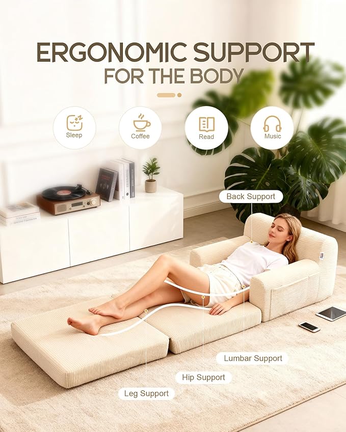 Boneless Couch Sofa Bed, Convertible Sleeper Chair with One-Piece High-Density Foam (No Lumps), Foldable Floor Mattress for Adults Guest Gaming, Non-Slip, Side Pockets, 84"x35", No Assembly