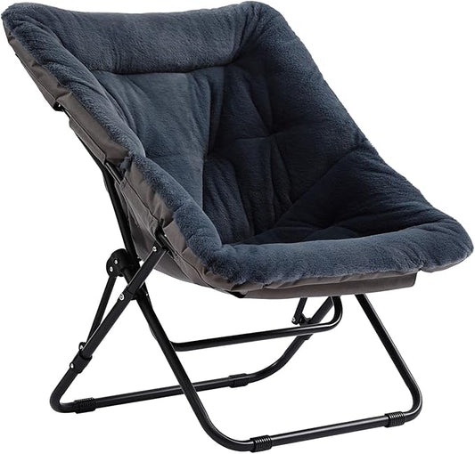 Saucer Chair, Comfy Doorm Chairs, Oversized Folding Faux Fur Chair, Foldable Metal Frame Chair, for Bedroom, Living Room, Balcony, Study, Playroom (Navy Blue)