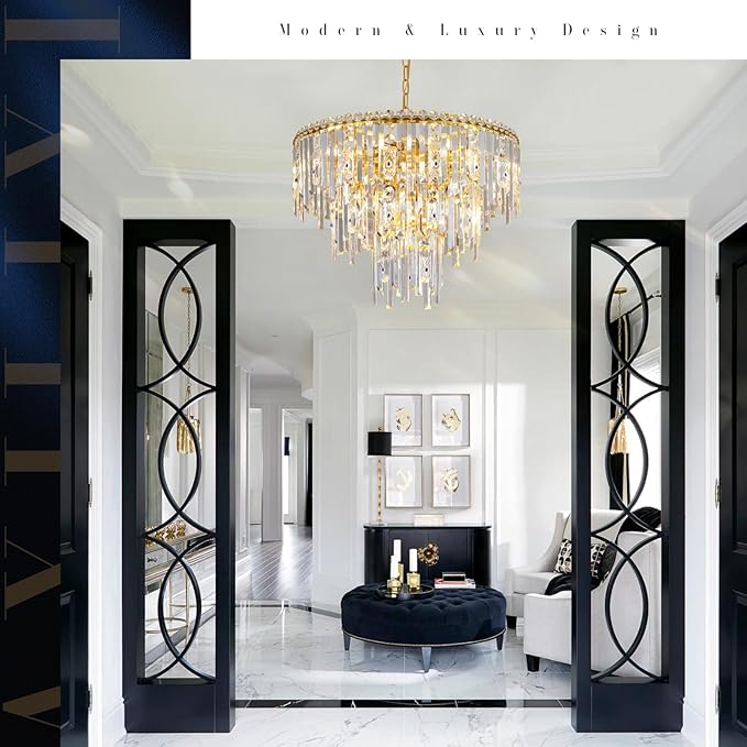 Gold Crystal Chandeliers, 24” Modern Round Chandelier for Dining Room 3 Tiers 12 Lights Ceiling Pendant Light Fixtures Large Ceiling Chandeliers for Foyer Living Room Bedroom