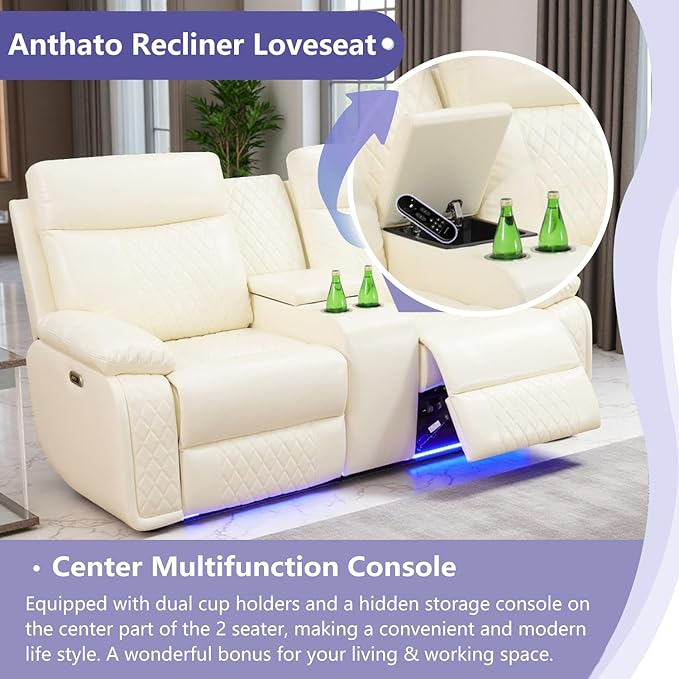 Power Reclining Sofa Set, 3PCS Living Room Set with Recliners, Recliner Loveseat & 2 Chairs with Cup Holders/Charging, Breathing Leather Reclining Couch for Home Theater/Office, Cream White