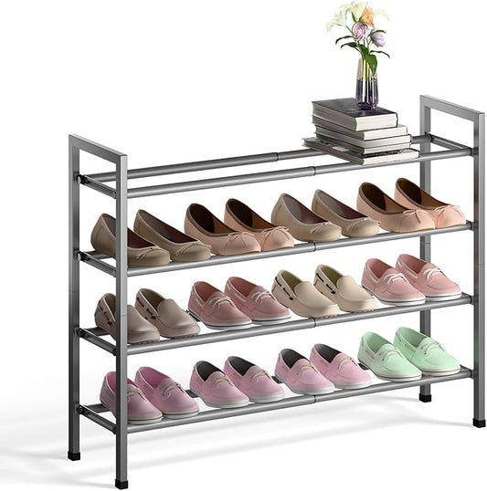 Bumusty 4-Tier Expandable Shoe Rack for Closet, 18“-33” Adjustable Shoe Rack for Small Space, Small Shoe Organizer for Front Door, Sturdy Metal, Gray