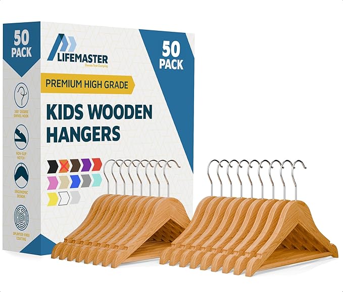 Natural Color Wooden Kids Hangers 50 Pack, Toddler & Baby Wooden Hangers, 11.8" Solid Maple Wood with 360° Swivel Hook, Pants Bar & Notches, Up to 7.7lb Capacity, Space-Saving Design for Ages 0–8