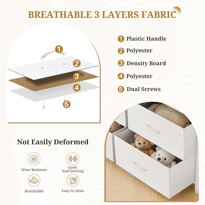 Dresser with 7 Drawers for Bedroom, Fabric Clothes Cabinet for Closet, Anti-Tip Storage Dresser with Metal Frame for Living Room, Entryway, Dorm, White