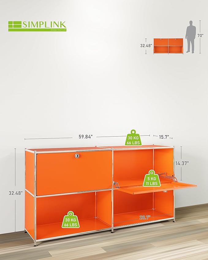 Metal Sideboard with 2 Flap Doors, DIY Modern Home Furnishing,Perfect for Home, Office, Kitchen, Hallway,Foyer Organization(Matt Orange)