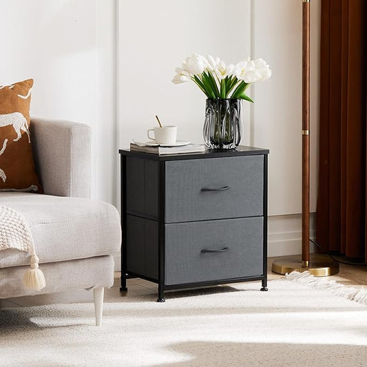 NEWBULIG Nightstand with 2 Fabric Drawers Small Dresser 25 Inch Tall Bedside Table End Table Storage Furniture for Bedroom Closet Entryway College Dorm Crey