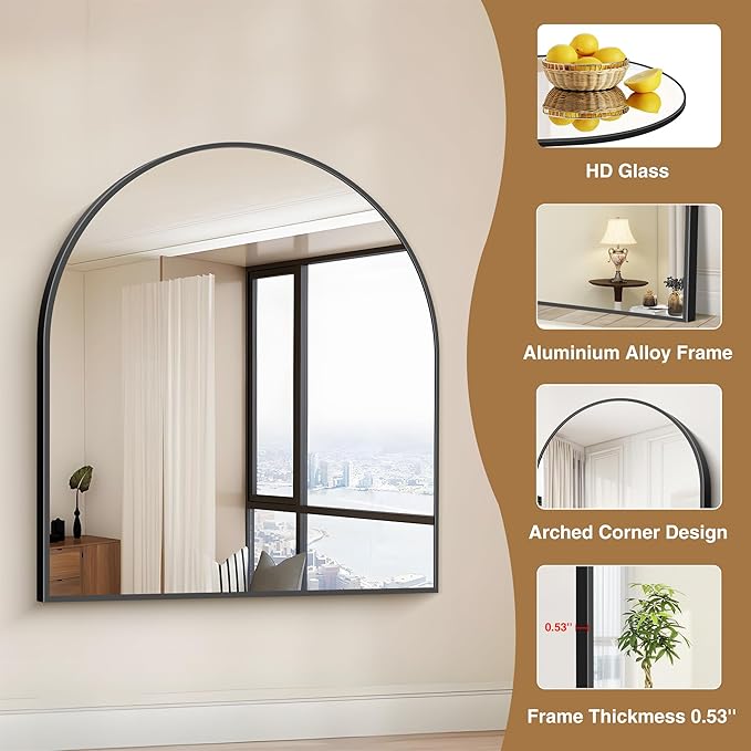 Black Arch Mirror, 36”x40” Black Mirror for Bathroom, Wide Arched Bathroom Mirror with Metal Wall Mounted Mirror for Bedroom Living Room Entryway Modern