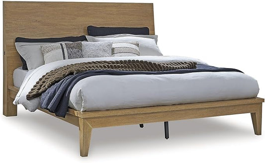 Signature Design by Ashley Sherbana Scandinavian Queen Panel Platform Bed with Bunkie Board and USB Charging Ports, Foundation or Box Spring Not Needed, Light Brown