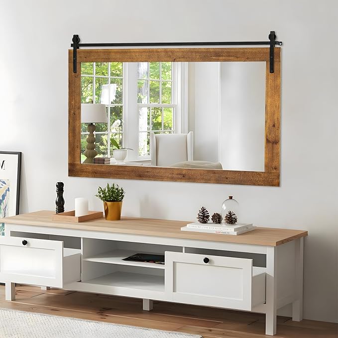 Farmhouse Bathroom Mirror, 41" x 30" Rustic Vanity Mirror, Barn Door Style Wood Framed Wall Mirrors, Rectangle Mirrors for Living Room, Entryway, Brown