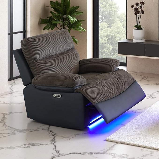 Power Recliner Chair Sofa, Living Room Furniture Sets, Luxury Fabric Reclining Chair, Corduroy & Breathing Leather Recliner with Charging/LED Light/Padded Arm for Home Theater/Office, Brown