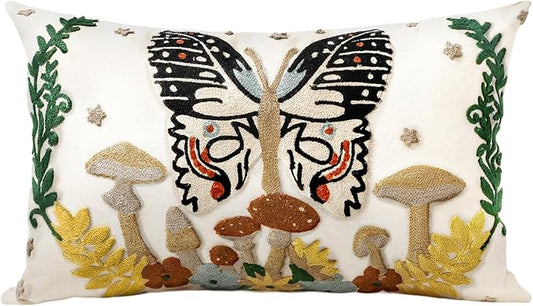 Embroidered Lumbar Pillow Cover - 20x12 Decorative Pillow Cover with Zipper Aesthetic Cute Design Boho Spring Summer Throw Pillowcase for Living Room Couch Sofa Bed, Butterfly Moon