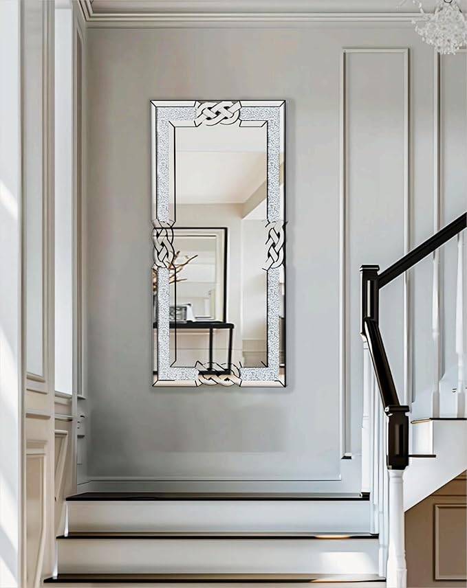 Crushed Diamond Mirror Silver Vanity Rectangular Wall Decor 48x24 inch