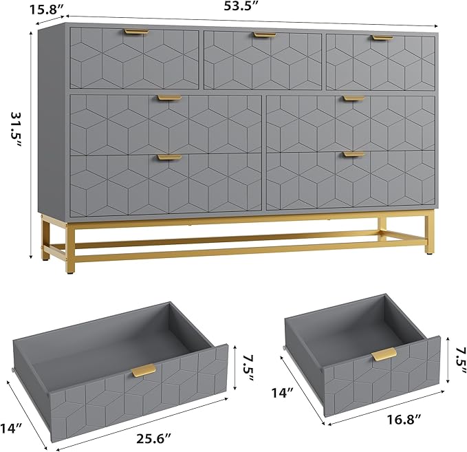GAOMON Dresser for Bedroom, 53.5" Wide Dresser Organizer, 7 Drawer with Golden Metal Handle and Legs, Modern Chest of Drawers for Closet, Hallway, Living Room, Entryway, Grey