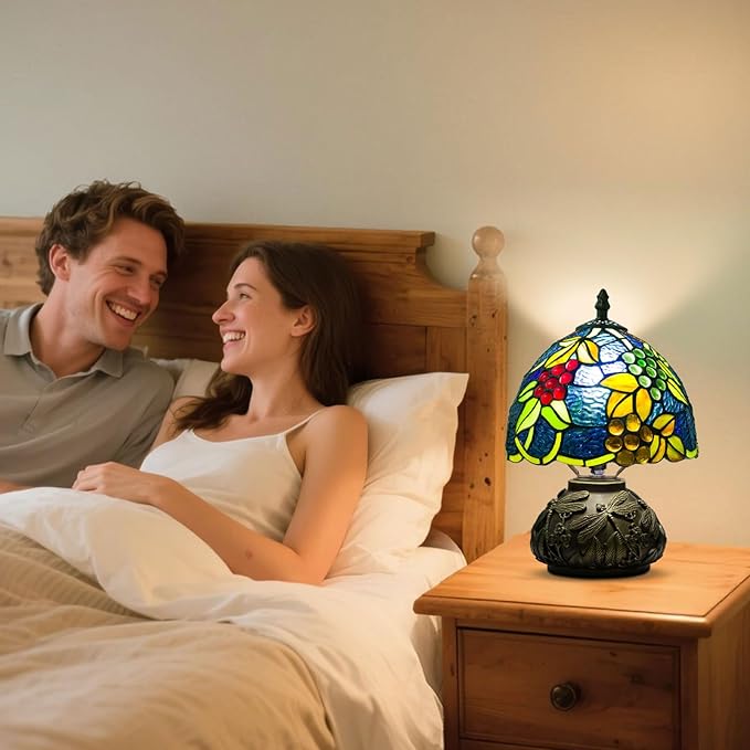 Small Tiffany Table Lamp,Stained Glass Lamp,8 Inch Mushroom Style Mini Vintage Desk Lights for Bedside, Bedroom,Nightstand,Living Room,3 Color Temperature (Yellow Leaf Grape)